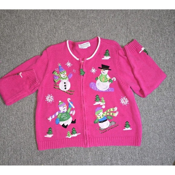 Tiara International Christmas Collection VTG Pink Snowman Sweater Cardigan - Picture 5 of 10